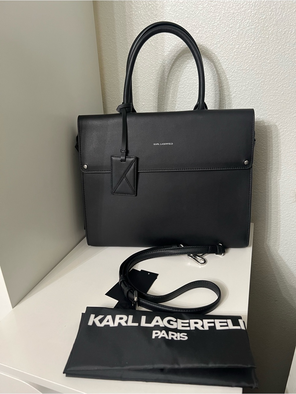 Karl Lagerfeld Black Structured Leather Tote with Detachable Strap